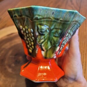 VTG MCM RETRO MOD ORANGE GREEN DRIP GLAZE POTTERY